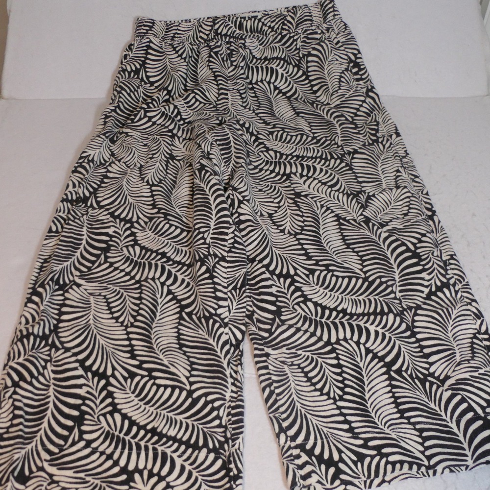 Rachel Zoe Womens Linen Wide Leg Pants L Black White Tropical Palm Leaf Coastal
